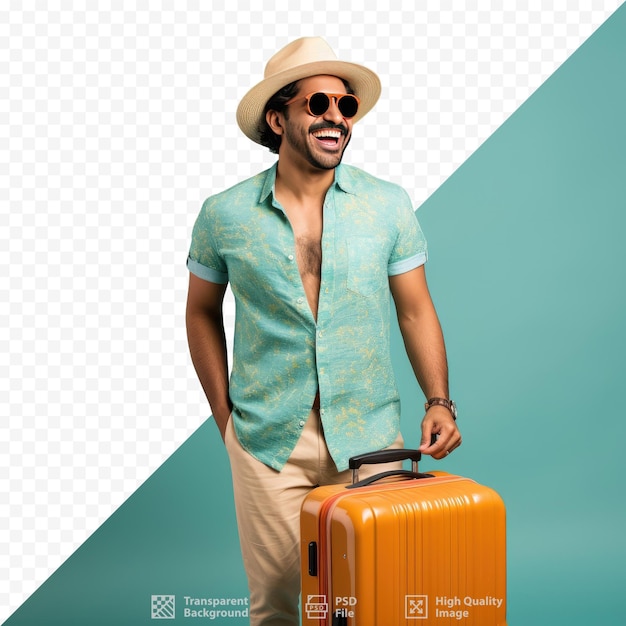 PSD een man met een strohoed en een zonnebril houdt een koffer vast met het logo van het bedrijf.