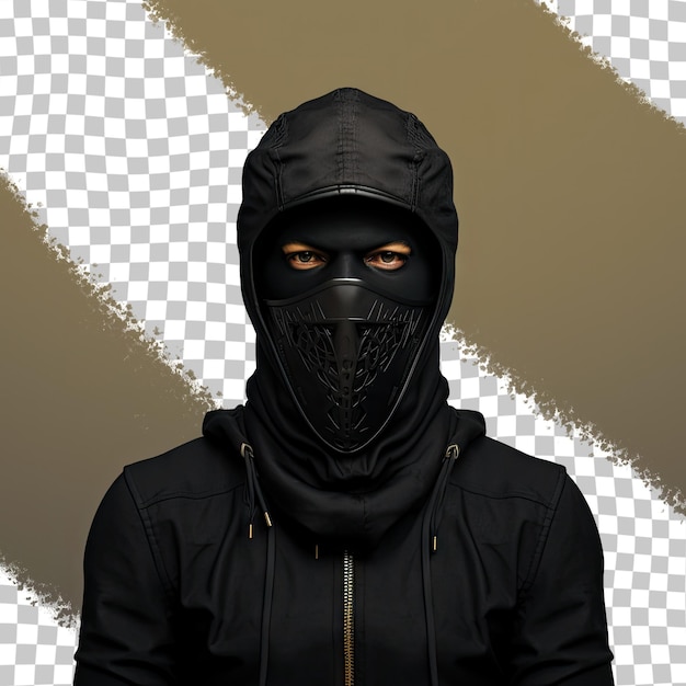 PSD een man met een zwart masker en een zwart masker staat voor een witte en zwarte achtergrond.