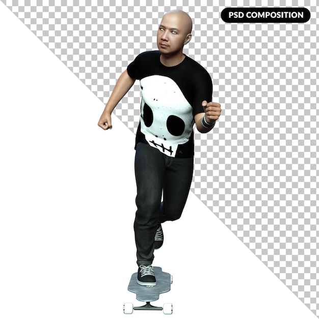 PSD een man op een skateboard geïsoleerd 3d-rendering