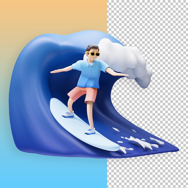 PSD een man op een surfplank rijdt op een golf 3d illustratie