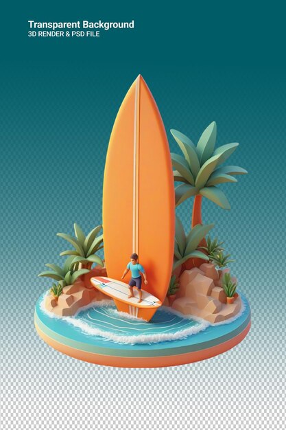 Een man staat op een surfboard voor een strand met een surfboard