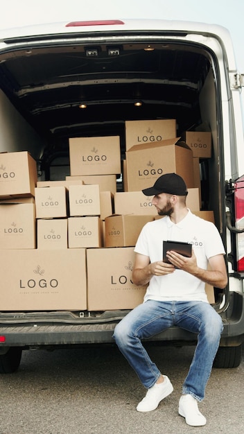 Een man zit in een vrachtwagen met dozen op zijn rug.