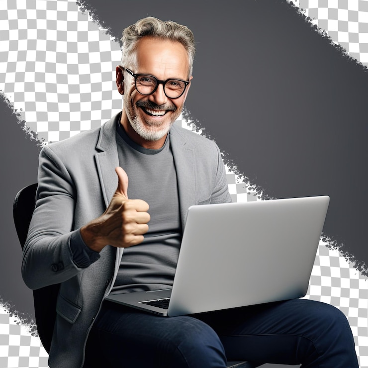 PSD een man zit voor een laptop en toont een duim omhoog.