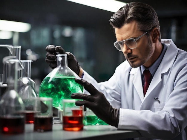 PSD een mannelijke arts-wetenschapper die giftige vloeistof in het laboratorium onderzoekt