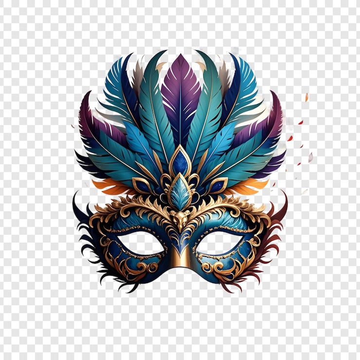 PSD een masker met blauwe en gouden kleuren en een patroon van veren