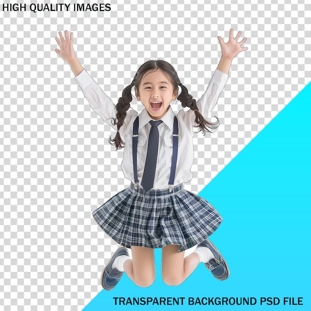 een meisje dat in de lucht springt met een blauwe achtergrond met een foto van een meisje die in de lucht springt