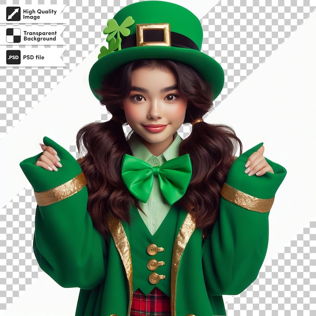 Een meisje in een groene outfit met een groene boog op haar hoed