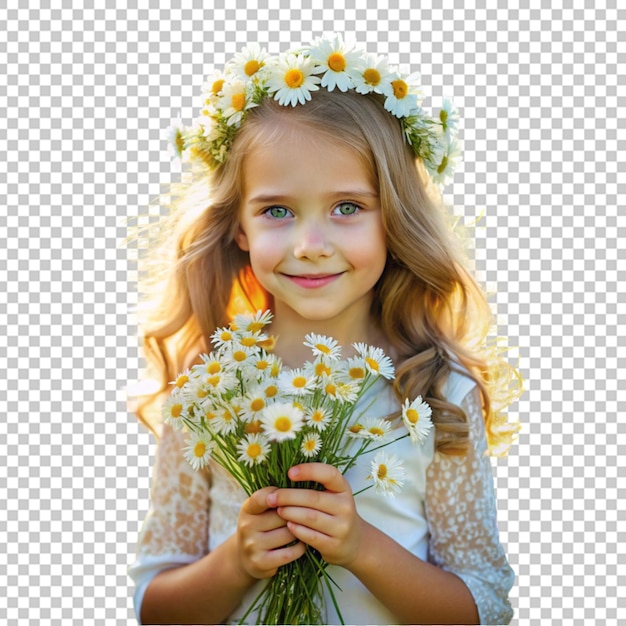 PSD een meisje met een boeket madeliefjesbloemen