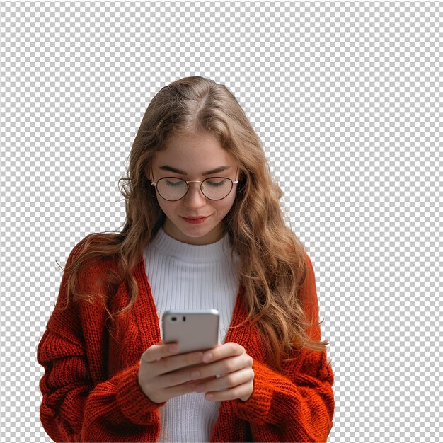 PSD een meisje met een bril kijkt naar een telefoon