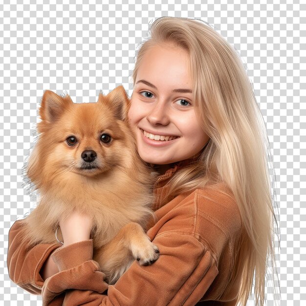 PSD een meisje met een hond in haar armen.