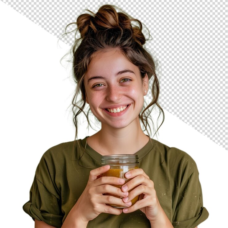 PSD een meisje met een pot met een glimlach op haar gezicht