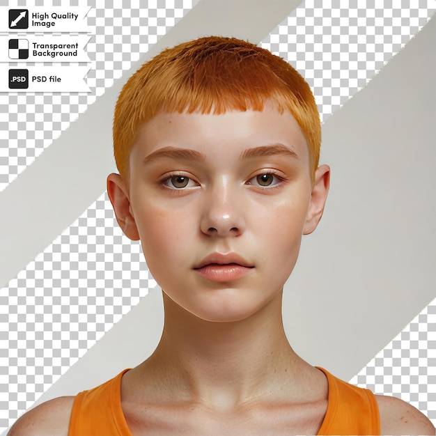 PSD een meisje met rood haar en oranje haar wordt getoond in een advertentie voor het merk van het merk