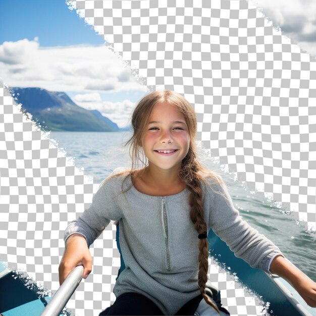 PSD een meisje roeit gelukkig in een boot in de fjorden in noorwegen, geïsoleerd op een transparante achtergrond.