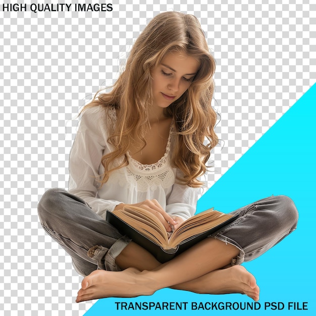 een meisje zit op een boek met een blauwe achtergrond die zegt hoge kwaliteit