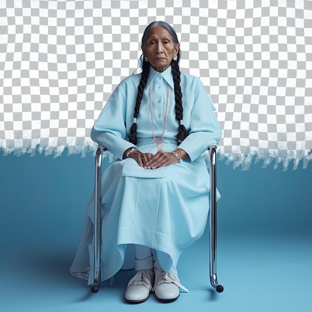 Een melancholische oudere vrouw met lang haar van de inheemse amerikaanse etniciteit gekleed in verpleegsterkleding poseert in volle lengte met een prop als een stoelstijl tegen een pastelblauwe achtergrond