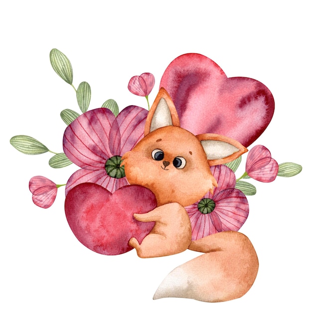 PSD een met de hand getekende aquarel illustratie met een vos bloemen en een hart compositie voor ontwerp