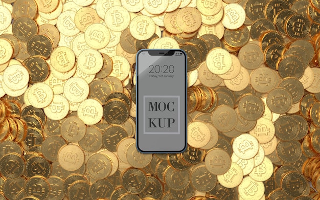 Een mobiel mockup leeg scherm en enkele fysieke bitcoins cryptocurrencies op een achtergrond. 3D-weergave. Cryptocurrency munt logo 2p2 uitwisseling, blockchain-technologie