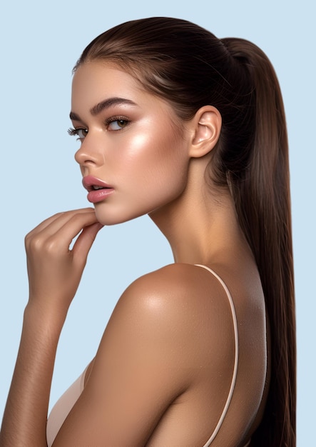 een model met een lichte huid make-up en een gouden lip