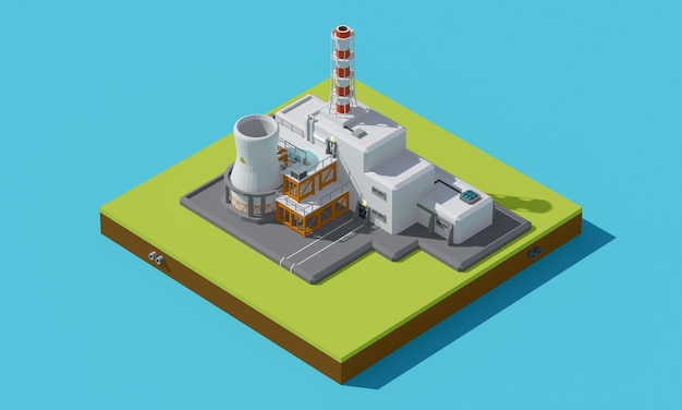 een model van een kerncentrale met een elektriciteitscentrale op de achtergrond