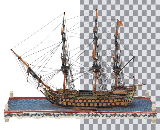 Een model van een schip met op de bodem het woord galjoen.