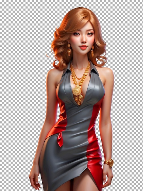 PSD een model van een vrouw die een rode jurk draagt met een gouden ketting