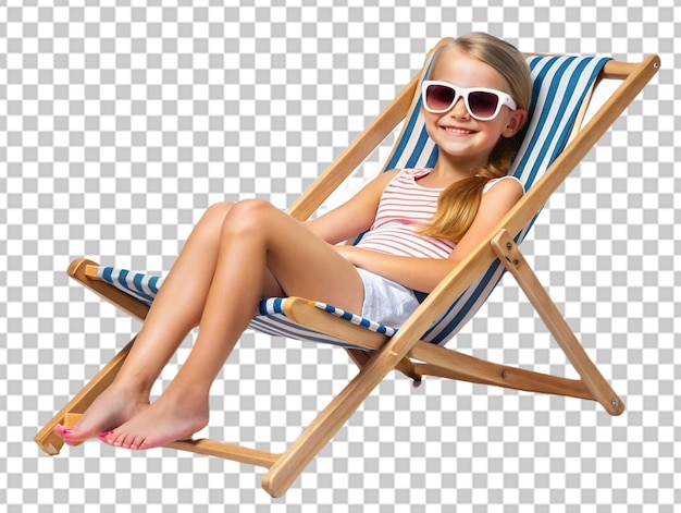 PSD een mooi meisje met een zonnebril ontspant zich op een strandstoel.