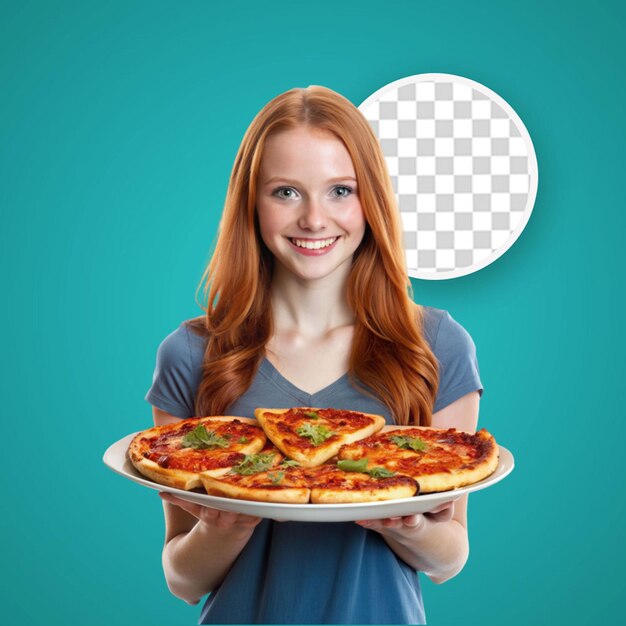 PSD een mooie jonge vrouw die pizza eet.