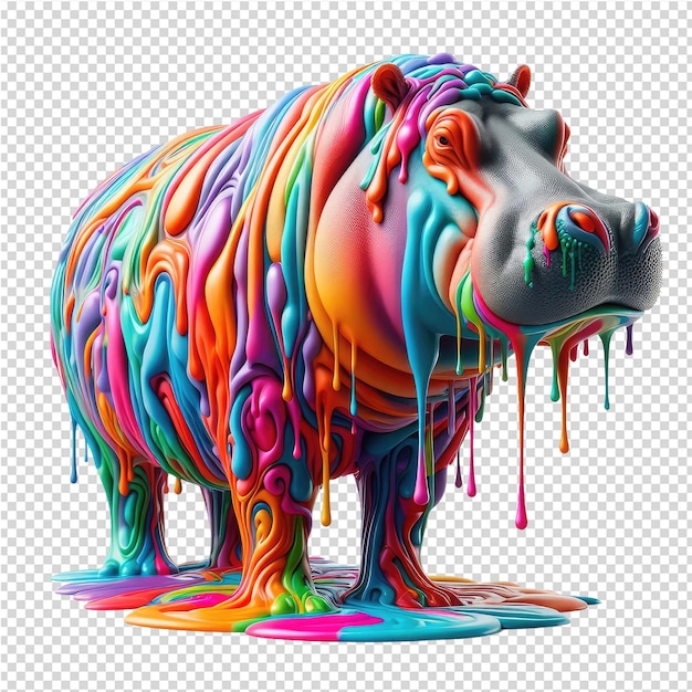 Een neushoorn met een regenboog gekleurd gezicht is bedekt met gekleurd poeder