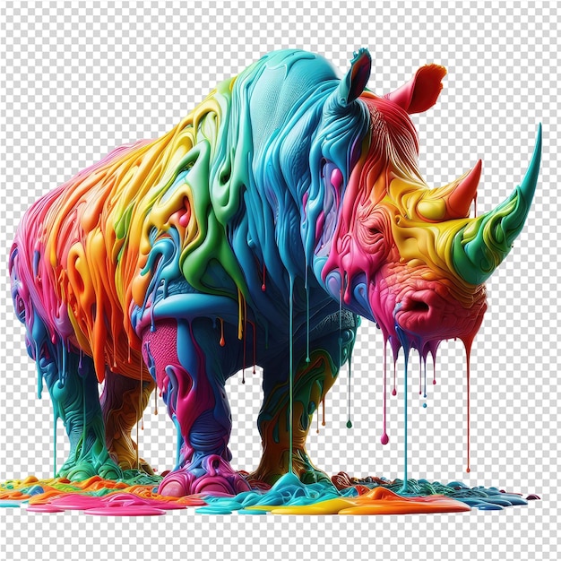 PSD een neushoorn met een regenboog gekleurd gezicht is bedekt met gekleurde vloeistof