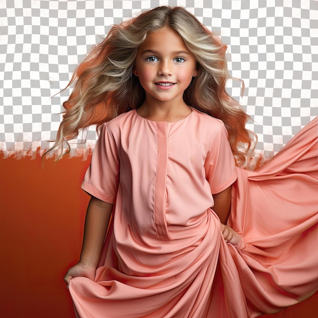 PSD een nieuwsgierig kleutermeisje met blond haar van de aboriginal australische etnische afkomst gekleed in producent kleding poseert in een full length met flowing dress stijl tegen een pastel salmon backgr