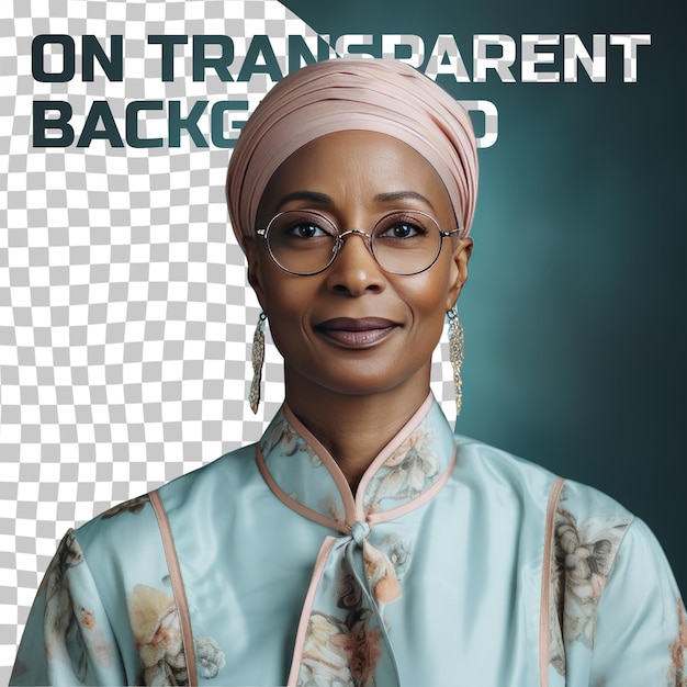 PSD een nieuwsgierige vrouw van middelbare leeftijd met kaal haar van de afro-amerikaanse etniciteit gekleed in auteur kleding poseert in een eyes looking over glasses stijl tegen een pastel mint achtergrond