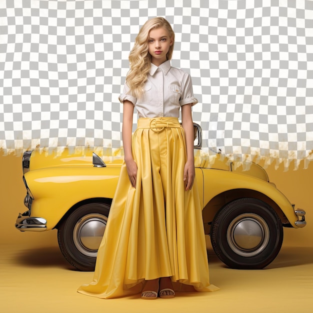 PSD een nostalgisch kind met blond haar van de etnische afkomst van het midden-oosten gekleed in auto-mechanica kleding poseert in een volledige lengte met vloeiende jurk stijl tegen een pastel citroen achtergrond