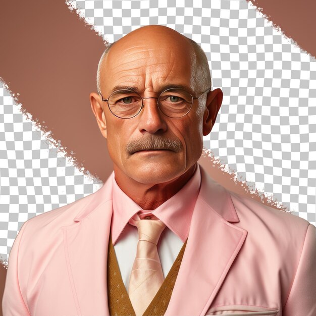 PSD een nostalgische oudere man met kaal haar van de scandinavische etniciteit gekleed in office clerk kleding poseert in een chin on hand stijl tegen een pastel peach achtergrond