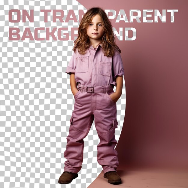 Een opgelucht kind met lang haar van de slavische etniciteit gekleed in builder kleding poseert in een staande met gekantelde heupen stijl tegen een pastel mauve achtergrond