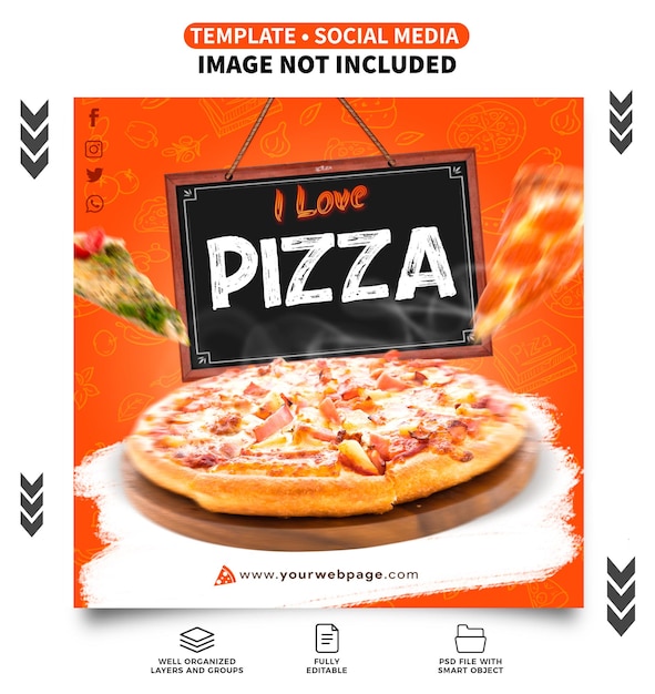 Een oranje bord waarop staat dat ik van pizza hou.