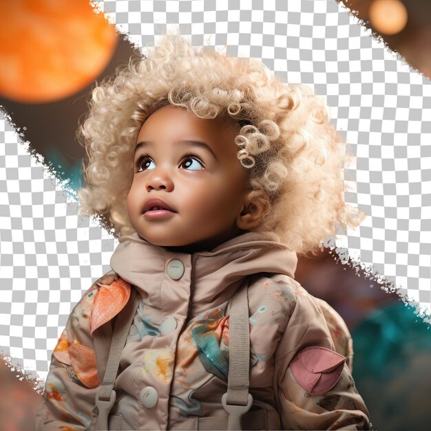 PSD een overweldigde peutervrouw met blond haar van de afro-amerikaanse etniciteit gekleed in astronomenkleding poseert in een one hand on waist-stijl tegen een pastel apricot-achtergrond