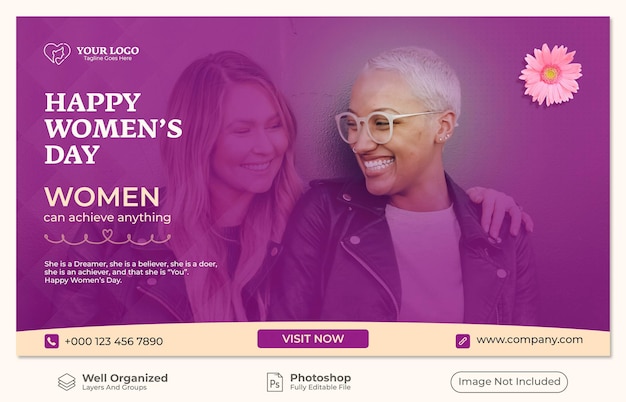 PSD een paars-paarse website waarop staat 'happy women's'