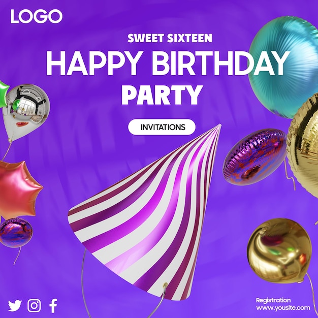 Een paars-witte poster met de tekst sweet sixteen happy birthday party.