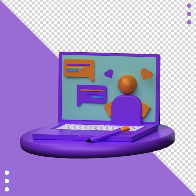 Een paarse laptop met een man erop en een hartje op het scherm.