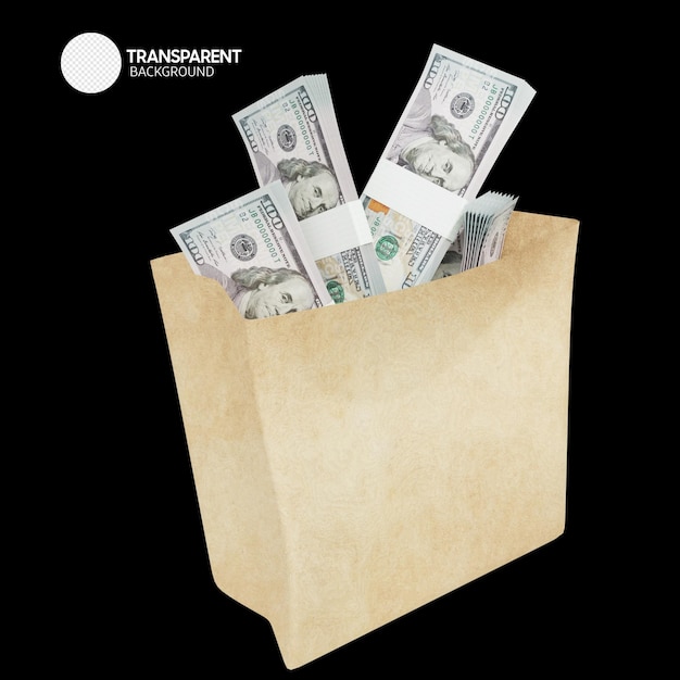 Een papieren zak met dollarbiljetten erin met de tekst 'transpos'.