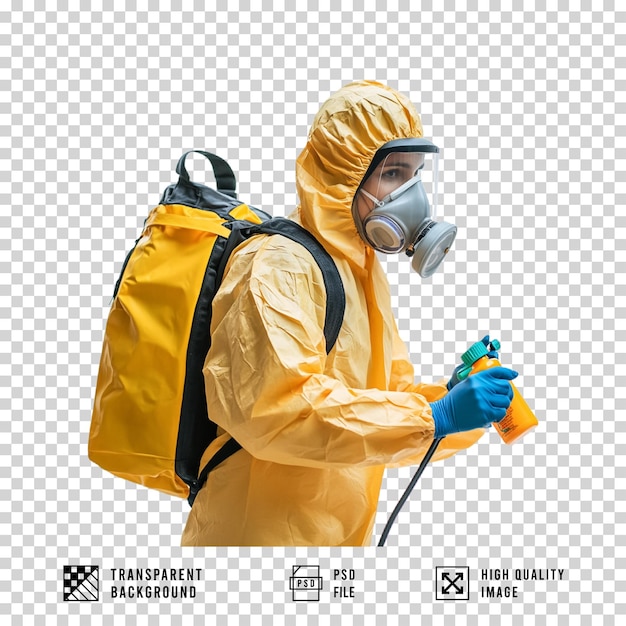 een persoon die PPE-kleding draagt op een doorzichtige achtergrond