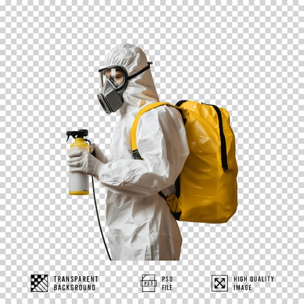 een persoon die PPE-kleding draagt op een doorzichtige achtergrond