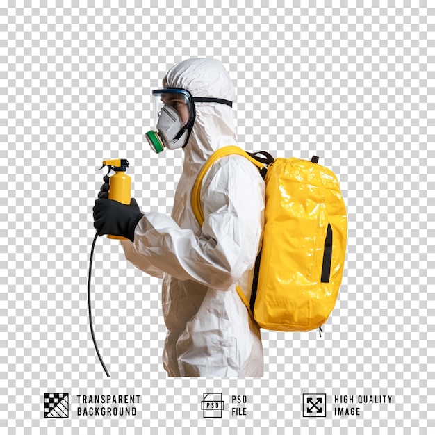 een persoon die PPE-kleding draagt op een doorzichtige achtergrond