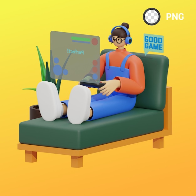 Een persoon met een koptelefoon en een computer op een bank met een bord dat goed spel zegt.