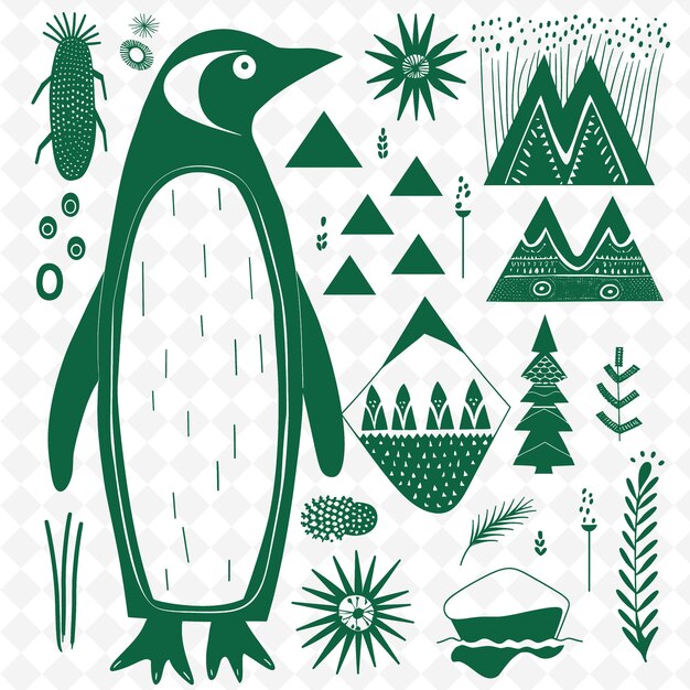 PSD een pinguïn met een groene achtergrond met een kerstboom en sneeuwvlokken