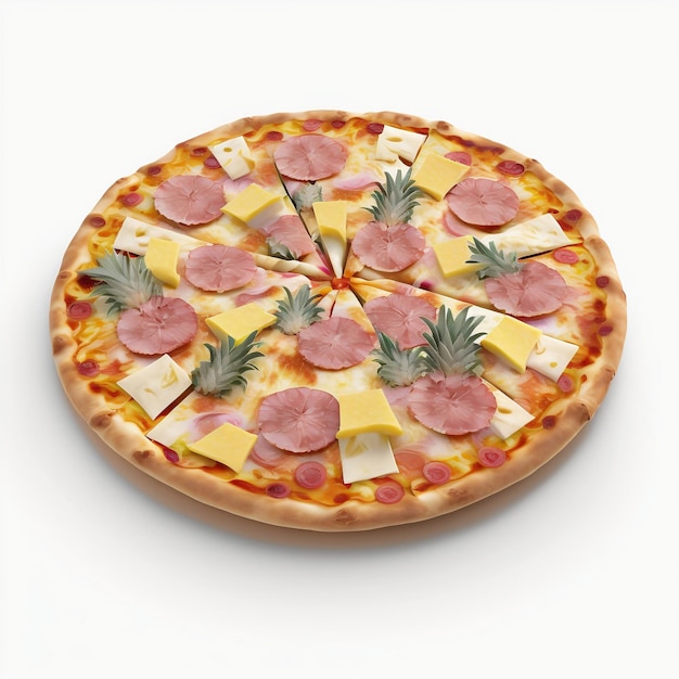 Een pizza met ham, ananas en ananas erop.