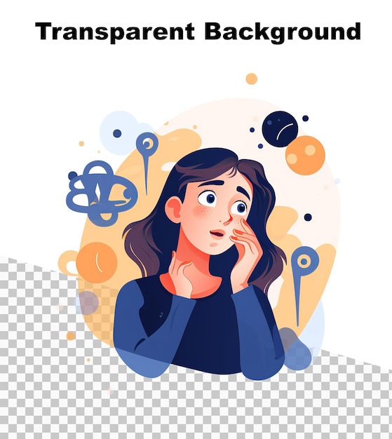een platte kleur illustratie van een meisje die aan iets denkt op een transparante achtergrond