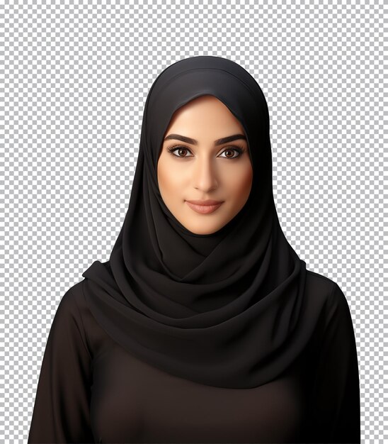 Een portret van een moslimvrouw die een zwarte hijab draagt, geïsoleerd op een transparante achtergrond
