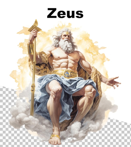 Een poster met de god Zeus en het woord Zeus bovenaan