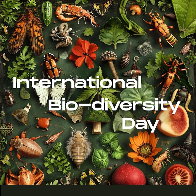 Een poster met een achtergrond van verschillende insecten en de woorden international biotic